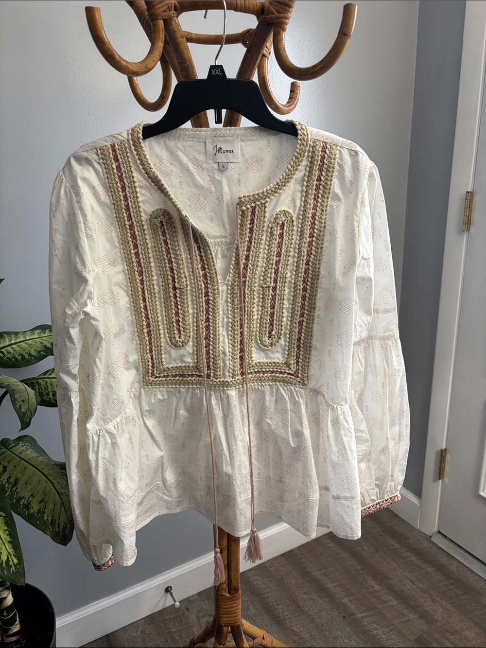 Jo Flower Shonda Top Embroidered Cream Peasant Tunic with Pink Detail